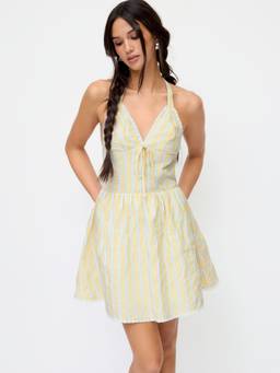 Cider - Cotton Blend Women Striped Sweetheart Flared Mini Dress Yellow