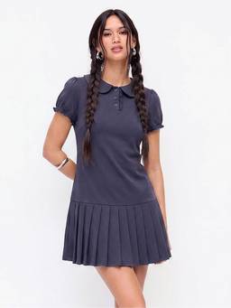 Cider - Cotton Blend Women Peter Pan Collar Puff Sleeve Mini Dress Navy Blue