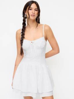 Cider - Broderie Anglaise Women's V-Neck Lace-Up Ruched Mini Dress White