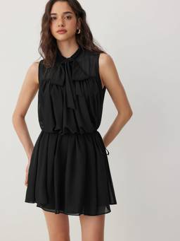 Cider - Chiffon Women's Ruffled Drawstring A-Line Mini Dress Black