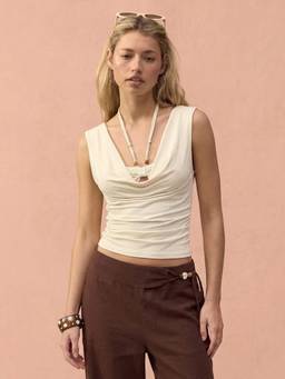 Cider - Ruched Cut-Out Women’s Halter Neck Crop Tank Top Cream
