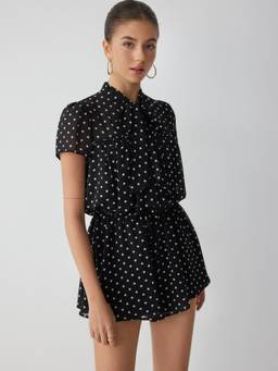 Cider - Chiffon Women's Polka Dot Stand Collar Puff Sleeve Playsuit Black