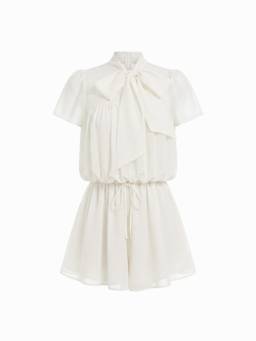 Cider - Chiffon Women's Stand Collar Puff Sleeve Bow Romper Cream