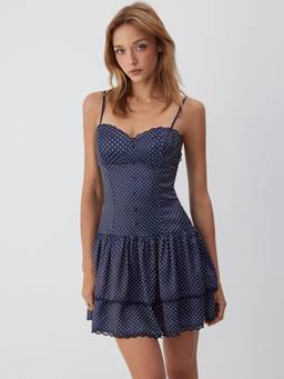 Cider - Polka Dot Women's Sweetheart Ruffled Mini Dress Navy Blue