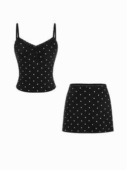 Cider - Cotton Blend Women Ruched Lace Trim Skirt Set Black