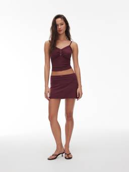 Cider - Cotton Blend Women Ruched Lace Trim Skirt Set Burgundy