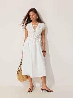 Cider - Cotton Women's V-Neck Tie-Up A-Line Midi Dress White