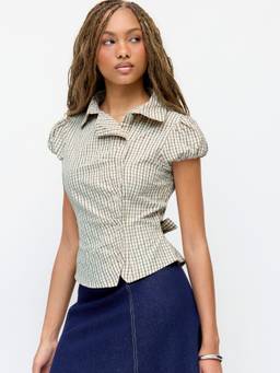 Cider - Cotton Blend Women's Checked Puff Sleeve Ruched Blouse Khaki