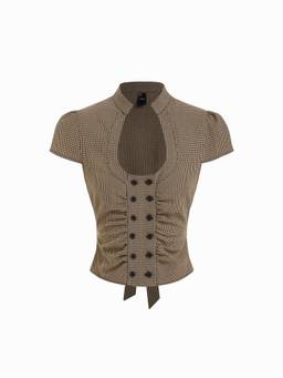 Cider - Cotton Blend Women Gingham Scoop Neck Puff Sleeve Blouse Khaki