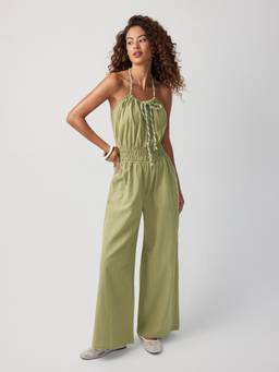 Cider - Cotton Women's Scoop Neck Shirred Wide-Leg Jumpsuit Green