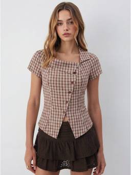 Cider - Cotton Plaid Women Asymmetrical Neck Short Sleeve Blouse Wine