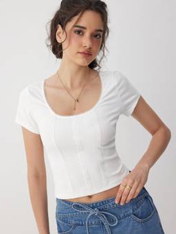 Cider - Cotton-Blend Women's Lace Trim Scoop Neck Tee White