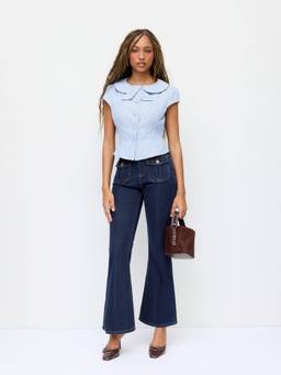 Cider - Stretch Denim Women's High Rise Washed Flared Jeans Dark Navy