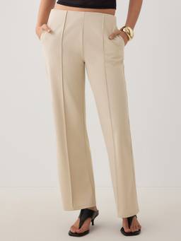 Cider - Women's Low Waist Pleated Straight Cropped Trousers Beige