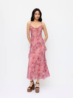 Cider - Mesh Floral Women Ruffled Cowl Neck Maxi Dress Pink