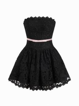 Cider - Lace Strapless Women's Bow Detail Flared Mini Dress Black