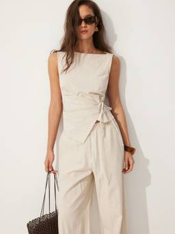 Cider - Linen Blend Women’s Boat Neck Knotted Co-ord Set Beige