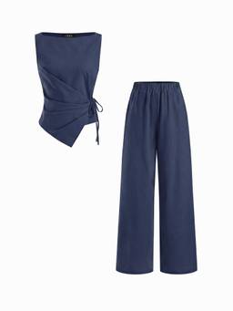 Cider - Linen-Blend Women’s Boat Neck Knotted Co-ord Set Navy Blue