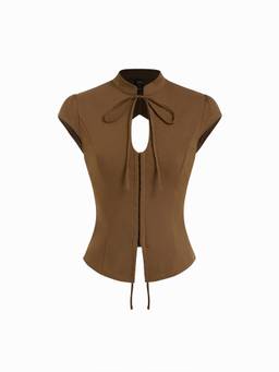 Cider - Tie Front Women's Cut-Out Backless Slim Blouse Brown