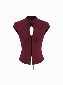 Cider - Tie-Front Women's Cut-Out Backless Slim Blouse Burgundy