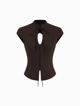 Cider - Stand Collar Women's Tie-Up Cut-Out Backless Blouse Coffee