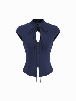 Cider - Stand Collar Women Tie-Front Cut-Out Backless Blouse Indigo