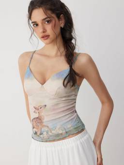 Cider - Deer Graphic Women V-Neck Lettuce Trim Cami Top Blue
