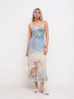 Cider - Mesh Deer Graphic Women's Lace Trim Sweetheart Maxi Dress Baby Blue