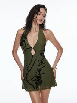 Cider - Jacquard Floral Women Cut-Out V-Neck A-Line Mini Dress Olive