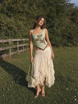 Cider - Floral Graphic Women’s Asymmetrical Neck Beaded Top Green