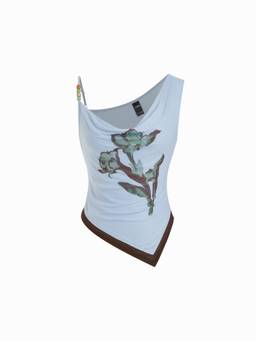 Cider - Floral Graphic Women's Asymmetrical Neck Beaded Top Sky Blue