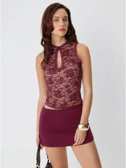 Cider - Lace Cut-Out Women's Halter Neck Skirt Set Burgundy