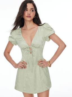 Cider - Jacquard Women's V-Neck Puff Sleeve Tie-Up A-Line Mini Dress Green