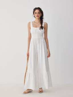 Cider - Tie Front Women Ruched Square Neck Jumpsuit Beige