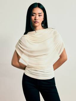 Cider - Knit Women's Ruched Boat Neck Top Beige