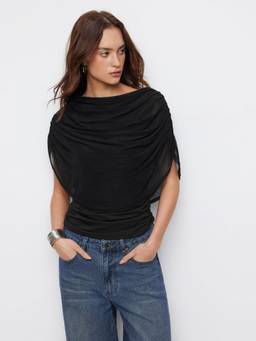 Cider - Knit Women's Ruched Boat Neck Top Black