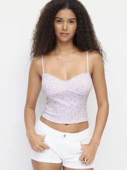 Cider - Textured Floral Women’s V-Neck Lace Trim Cami Top Pink