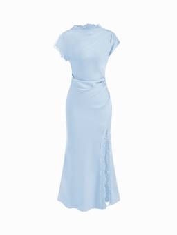 Cider - Satin Lace Trim Women's Split Mermaid Maxi Dress Blue