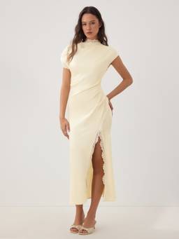 Cider - Satin Lace Trim Women's Split Mermaid Maxi Dress Yellow