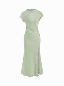 Cider - Satin Lace Trim Women's Split Mermaid Maxi Dress Green