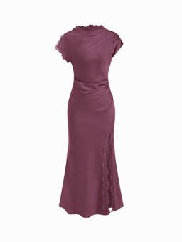 Cider - Satin Lace Trim Women's Split Mermaid Maxi Dress Purple