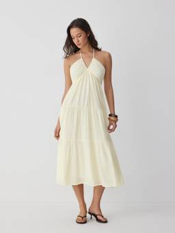 Cider - Women's Halter Tie-Back Draped Flared Maxi Dress Beige