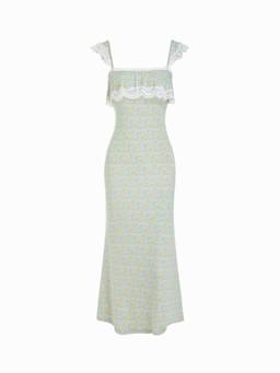 Cider - Ditsy Floral Women's Lace Ruffled Sleeve Mermaid Maxi Dress Blue
