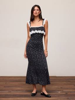 Cider - Ditsy Floral Women's Lace Panel Ruffled Sleeve Maxi Dress Black