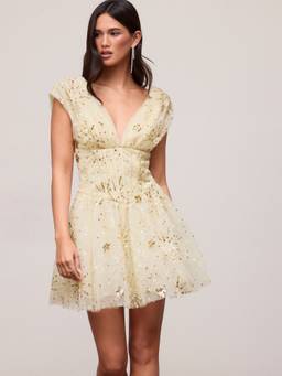 Cider - Textured Sequins Women's V-Neck Lace-Up A-Line Mini Dress Cream