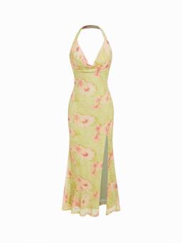Cider - Floral Mesh Women's Halter Neck Split Mermaid Maxi Dress Pale Green