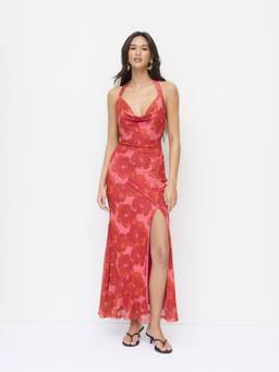 Cider - Floral Mesh Women's Halter Neck Split Mermaid Maxi Dress Pink