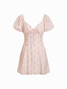 Cider - Abstract Print Women's Puff Sleeve Sweetheart A-Line Mini Dress Pink