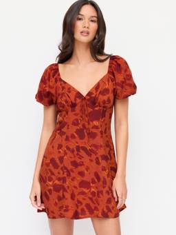Cider - Abstract Print Women's Puff Sleeve A-Line Mini Dress Red