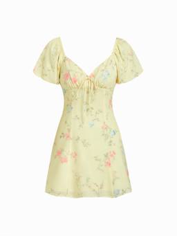 Cider - Floral Print Women's Puff Sleeve A-Line Mini Dress Yellow